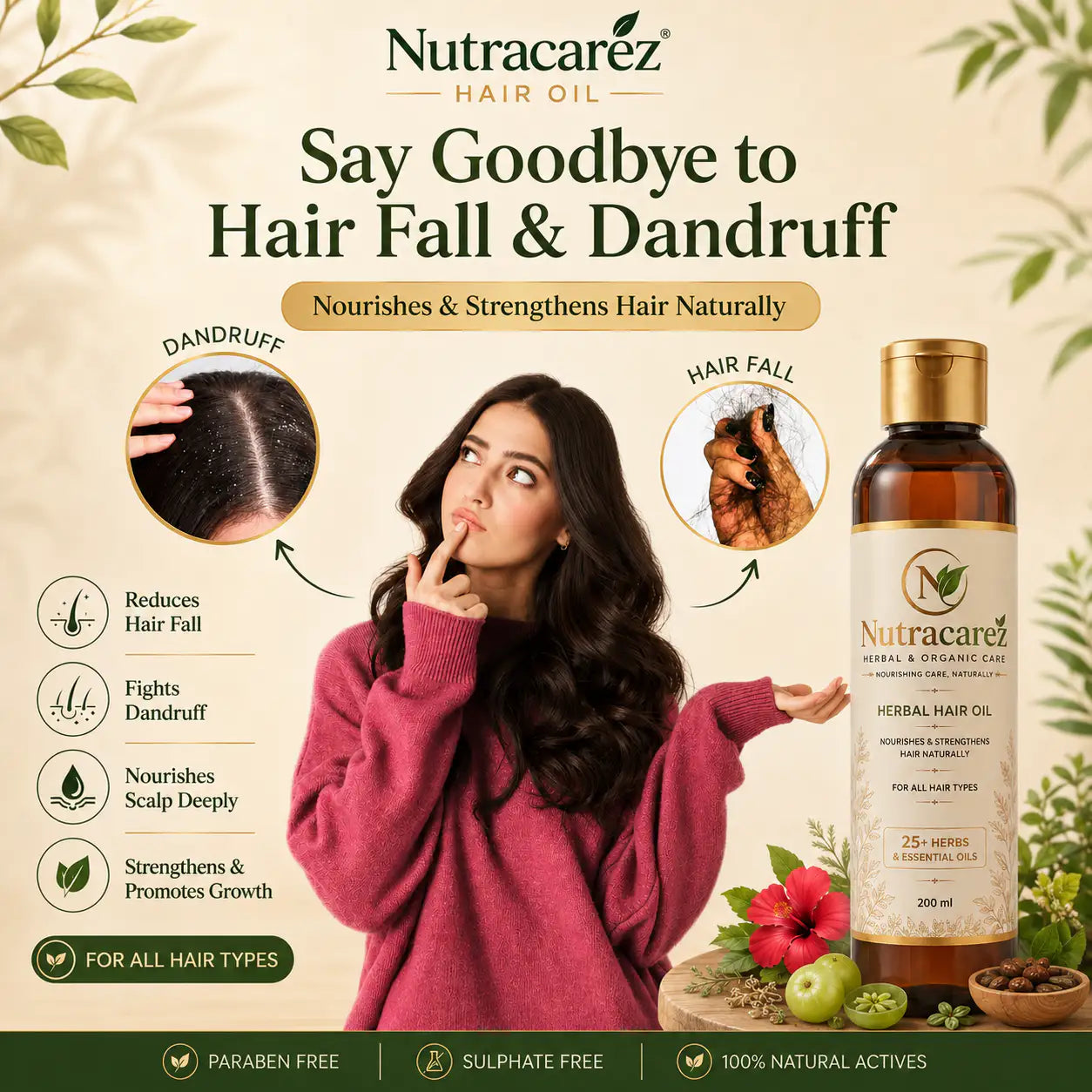 Nutracarez Herbal Hair Oil for Hair Fall, Dandruff & Scalp Nourishment – 200ml